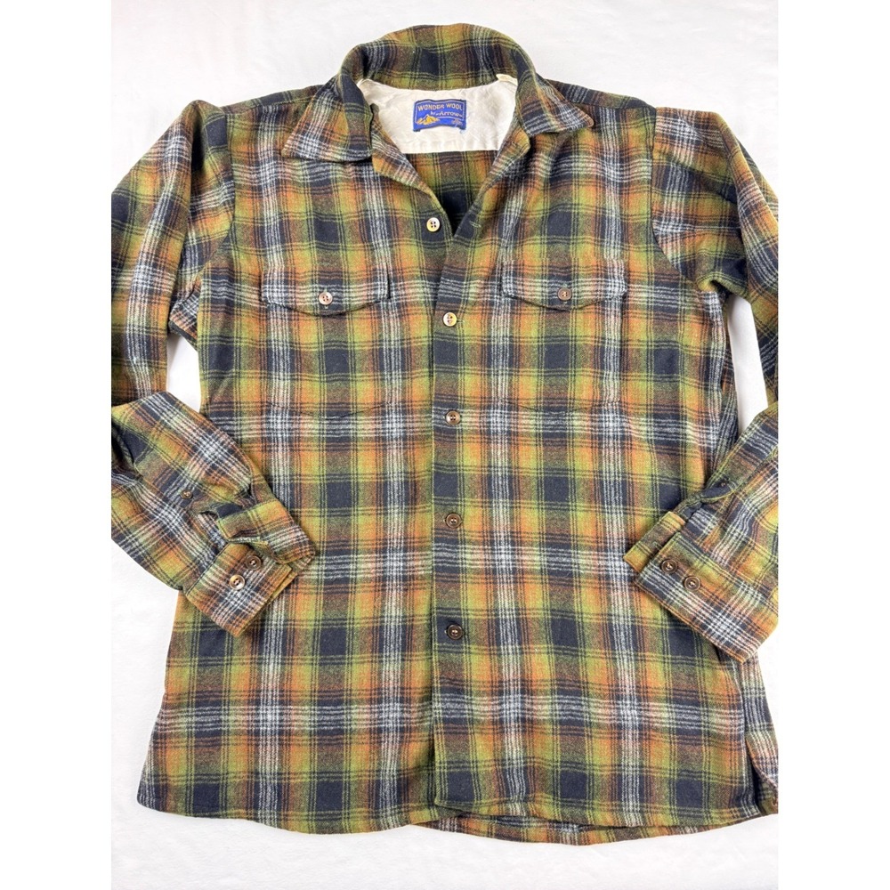 Vintage 70s Wonder Wool by Arrow Plaid Flannel Shirt Mens Medium Green Orange